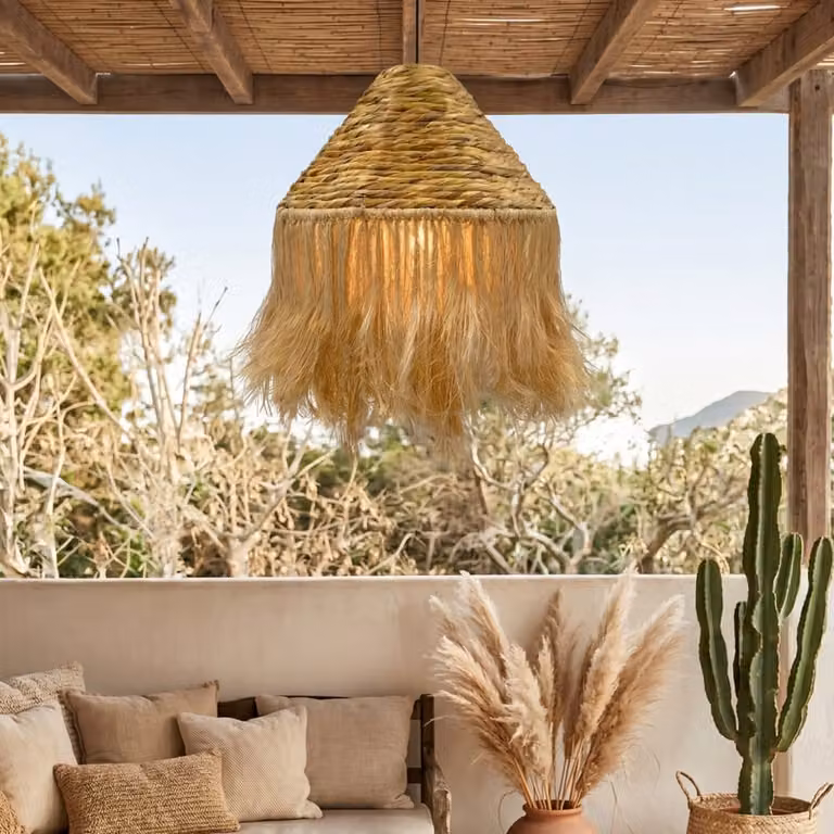 Pantalla de lámpara Lumisky Leonora Indoor de estilo bohemio en color beige y marrón, redonda, de jacinto de agua y ratán, Diámetro: 44 cm