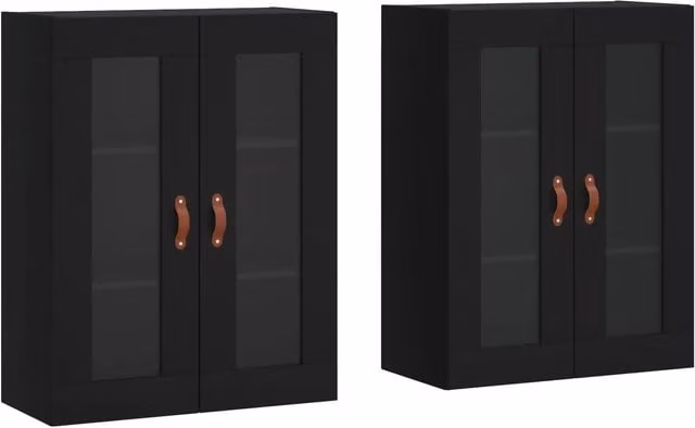 Armario decorativo de pared Helloshop26 con puertas de cristal, diseño moderno en madera negra y marrón, An/P/Al: 69,5 x 34 x 90 cm