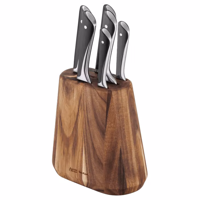 Set de 6 cuchillos Tefal Jamie Oliver con soporte de madera negro y acero inoxidable 18/10