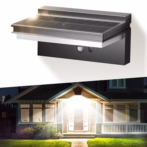 Lámpara solar de pared Iseeway con sensor de movimiento, luz LED blanca fría 6500 K y 1500 lúmenes, estanca IP65, color negro