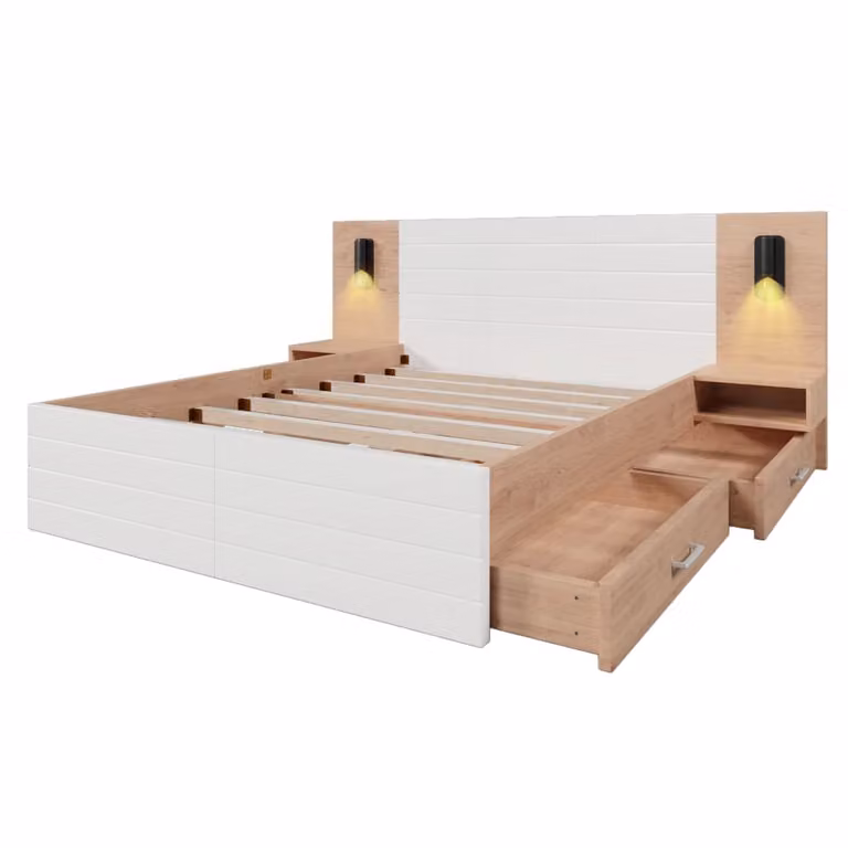 Cama Urban Meuble con cajones, iluminación LED, puerto USB y estante para lectura en color blanco y madera de roble, 160x200 cm