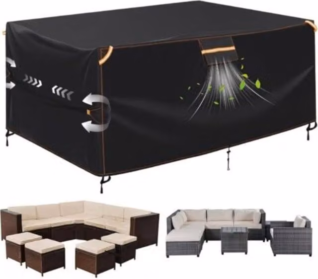Funda impermeable de tela Oxford 420d para muebles de jardín y mesa de exterior, protectora resistente a la intemperie con ventilación y banda elástica, color negro, An/P/Al: 250 x 210 x 90 cm