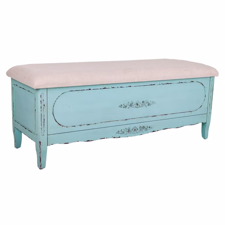 Banqueta de madera y tela con diseño floral estilo shabby chic Wanderlust en colores azul, turquesa y blanco, An/P/Al: 120 x 43 x 48 cm