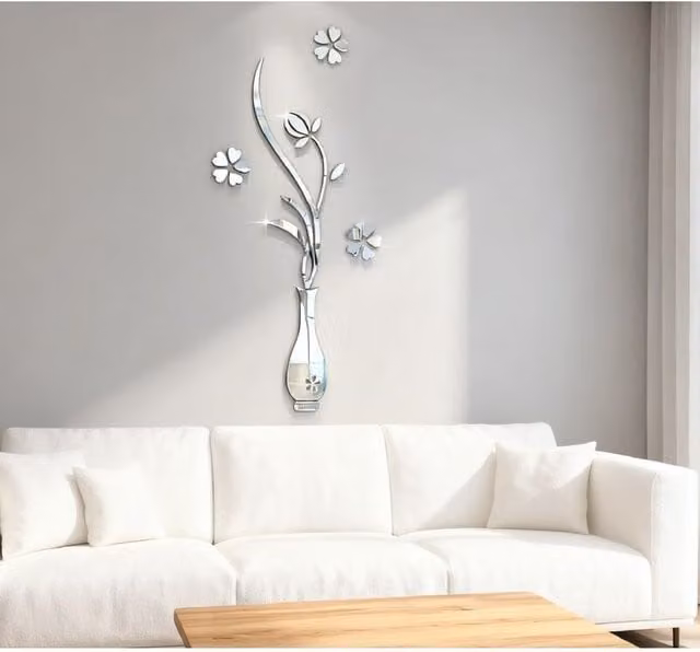 Pegatinas de pared decorativas ODIPIE con diseño de jarrón floral y botánico en color plata, An/P/Al: 60 x 120 cm