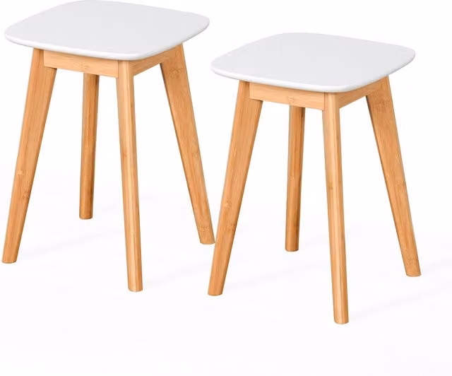 Set de 2 taburetes Relaxdays de bambú y MDF para cocina, pasillo o baño, color blanco y beige, An/P/Al: 33 x 33 x 45,5 cm