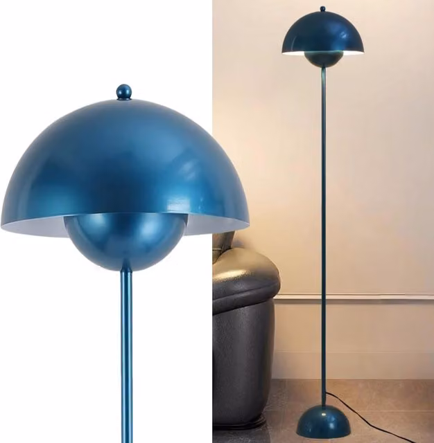 Lámpara de pie moderna ALPINALUZ en color azul con base de metal y pantalla de cúpula para salón, comedor o dormitorio, casquillo E27, Al 157,5 cm x An 40 cm x P 30 cm