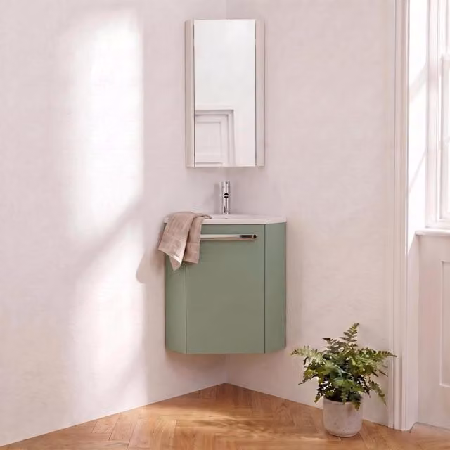 Conjunto de mueble de baño Skino de esquina con lavabo y grifería en color verde y acabado mate