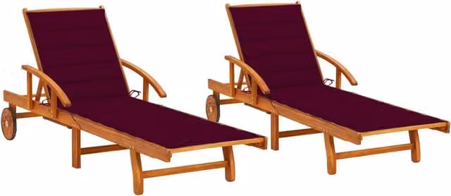 Set de 2 tumbonas SYFAX de madera de acacia con cojines rojos y marrones para jardín o terraza con reposacabezas ajustable y ruedas