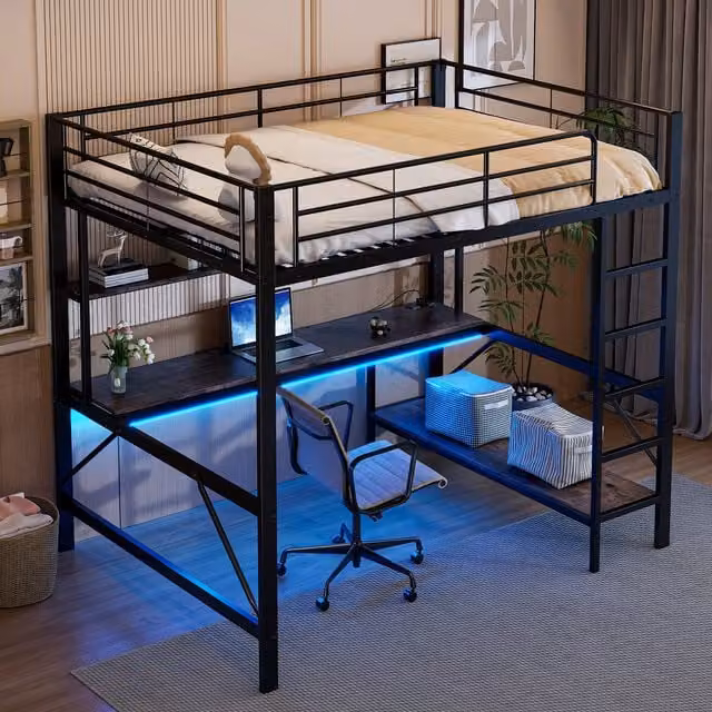 Cama alta doble Modenvie con escritorio, estantes, iluminación LED, puerto USB y enchufe, color negro, An/P/Al: 140 x 200 x 204 cm