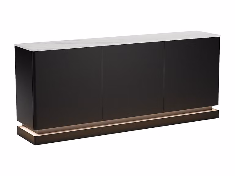 Aparador moderno de 3 puertas con iluminación LED y cierre suave de DEVIKA en MDF, color negro y efecto mármol blanco, An/P/Al: 189.6 x 40 x 73 cm