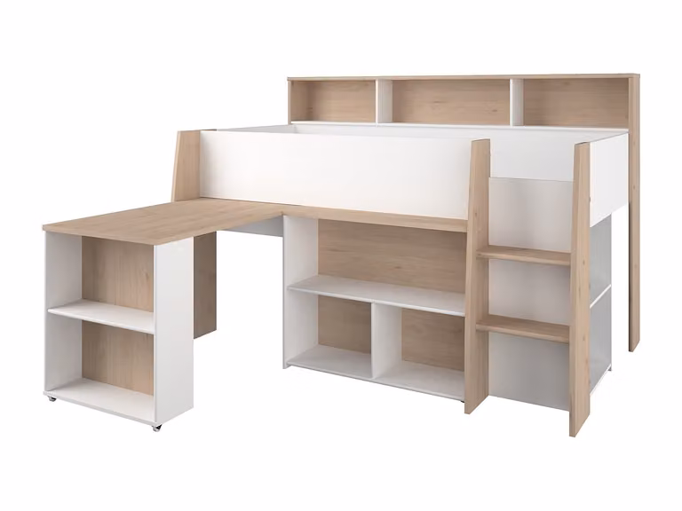 Cama combinada infantil APOLINO con escritorio y compartimentos laterales en blanco y roble, An/P/Al: 90 x 200 cm