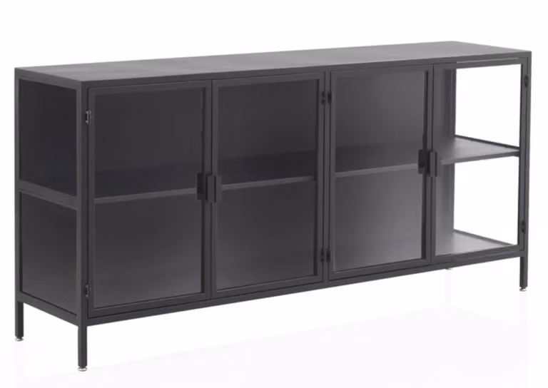 Aparador moderno GEESE HOME con puertas y laterales de cristal transparente y estructura de metal negro mate