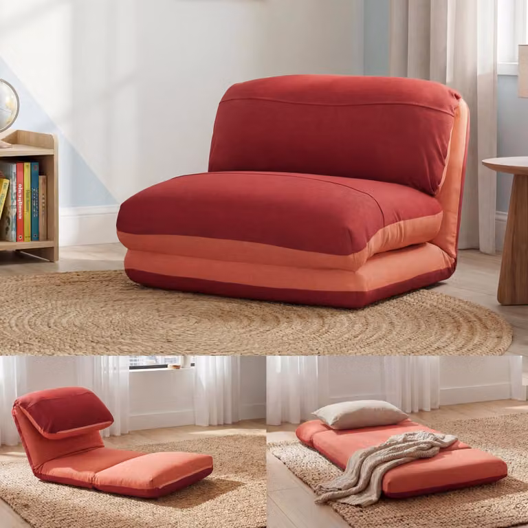Sillón reclinable y sofá cama Mendler HWC-E68 tapizado en tela, color naranja y rojo oscuro