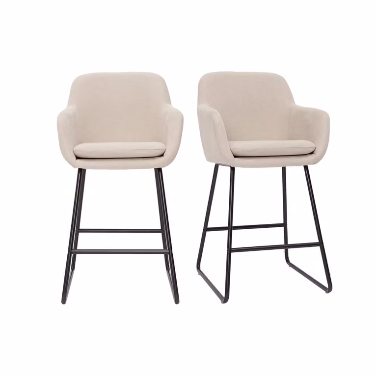 Set de 2 taburetes de cocina AMIKA en tejido efecto aterciopelado color beige con base de metal y altura de 65 cm