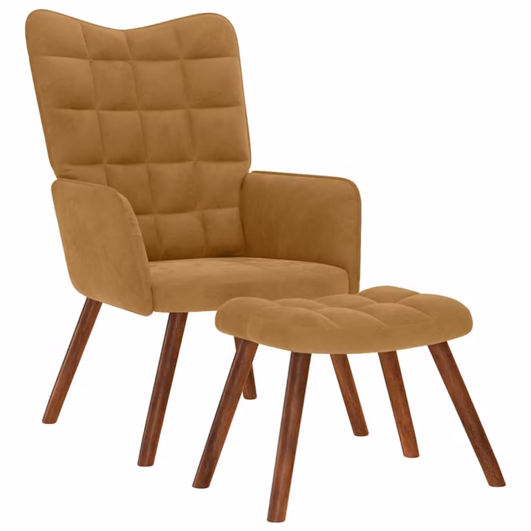 Sillón de relax vidaXL con reposapiés tapizado en terciopelo marrón y estructura mixta de metal y madera