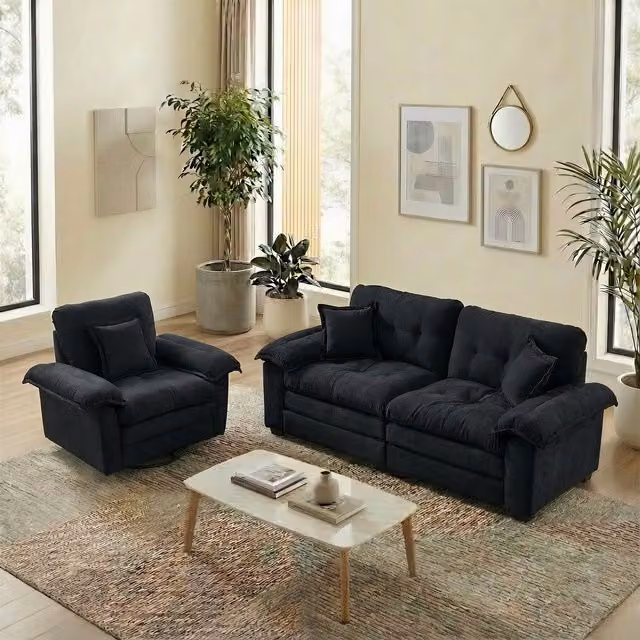Conjunto de Sofá de 2 Piezas KELLANY en Chenilla Negro con Sofá de Dos Plazas, Sillón Individual, Cojines Decorativos y Estructura de Madera Sólida para Salón u Oficina