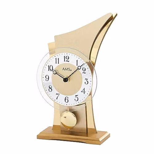 Reloj de mesa analógico AMS 1137 con péndulo y mecanismo de cuarzo en madera y metal, disponible en oro o plata