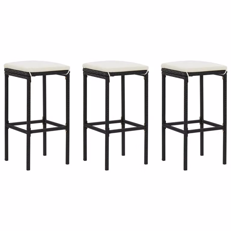 Set de 3 taburetes Syfax de ratán sintético y metal con cojines de tela desenfundables para cocina o comedor en blanco o negro