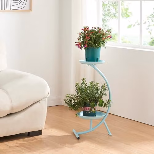 Soporte para plantas en.casa de 2 niveles con diseño en forma de C, organizador de macetas de metal en azul claro, An/P/Al: 61,5 x 30 x 25 cm
