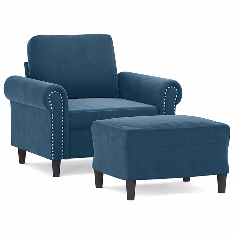Sillón con taburete de terciopelo azul vidaXL para salón con reposabrazos