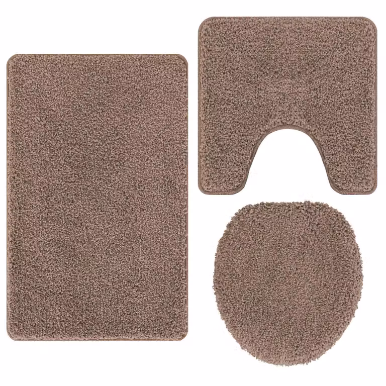 Conjunto de 3 alfombras de baño antideslizantes y lavables vidaXL, color marrón, diseño moderno de poliéster