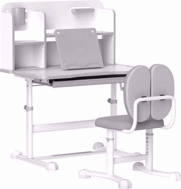 AIYAPLAY Juego de Escritorio y Silla para Niños con Tablero Inclinable y Altura Ajustable, Gris, An/P/Al: 80 x 55 x 107,5 cm