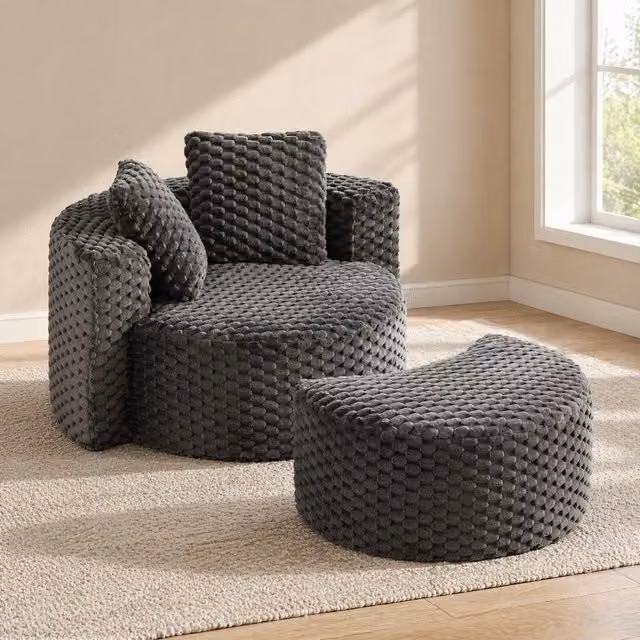Sillón individual de tela BEAOK con reposapiés, diseño barril giratorio 360 grados, color gris, An/P/Al: 130 x 115 x 103 cm