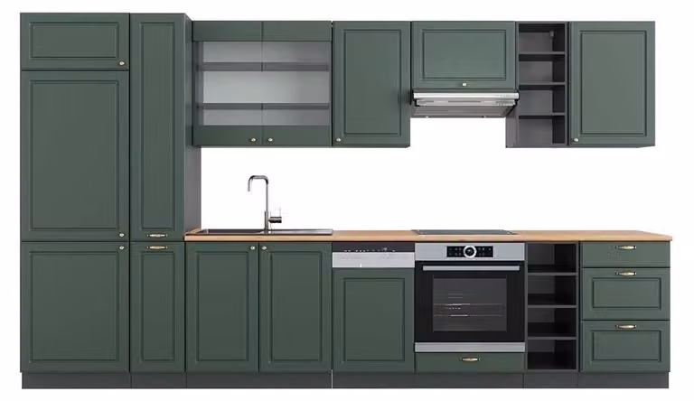Mueble de cocina Vicco Fame-Line estilo casa de campo en color verde, dorado y antracita con acabado roble mate y puertas con cierre suave, Ancho: 355 cm