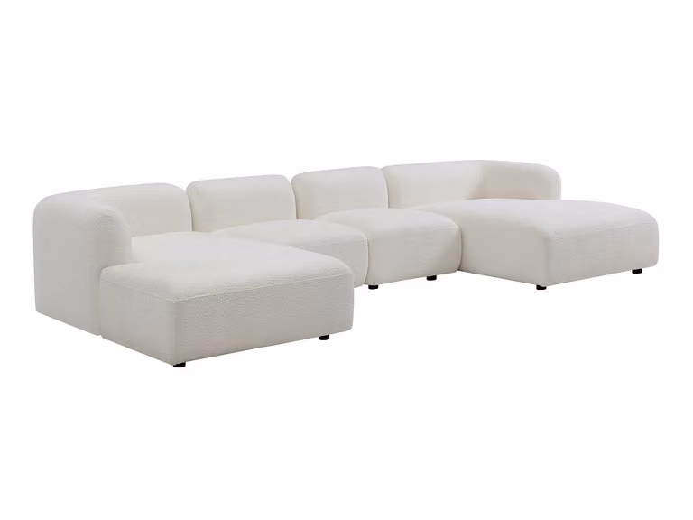 Sofá rinconera XXL Danepi en tela bouclé blanco con estructura de madera y cojines incluidos