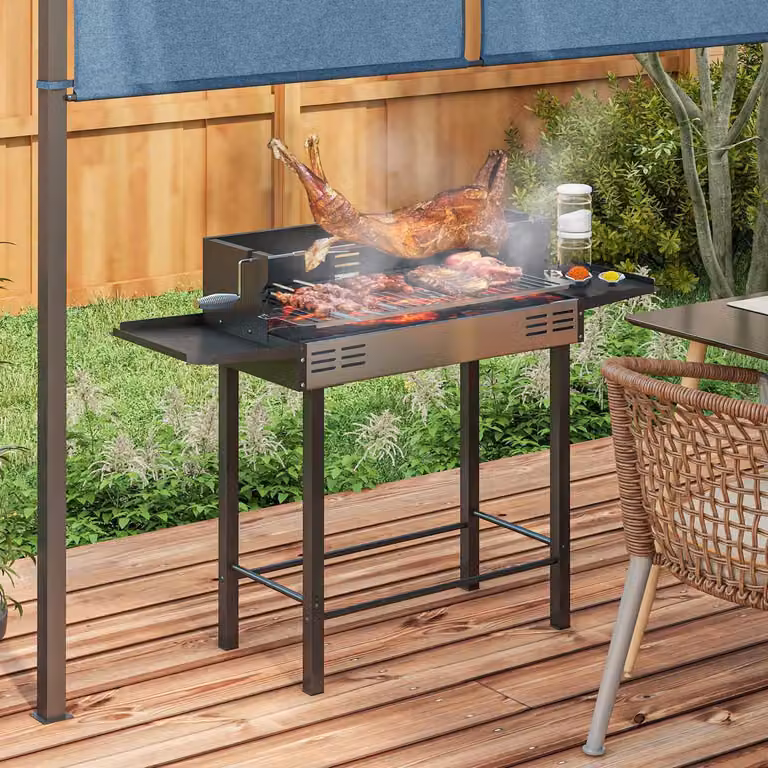 Barbacoa de sobremesa de carbón Northio con kit de asador giratorio, plegable, de acero inoxidable y metal, color negro, An/P/Al: 90 x 32 x 32 cm