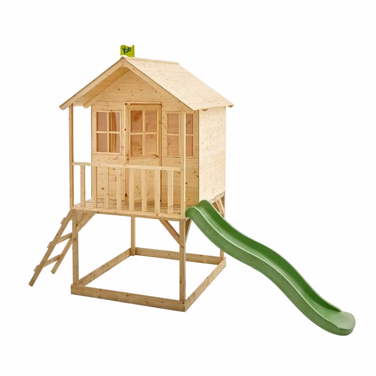Cabaña de madera TP Toys con tobogán y caja de arena en color marrón