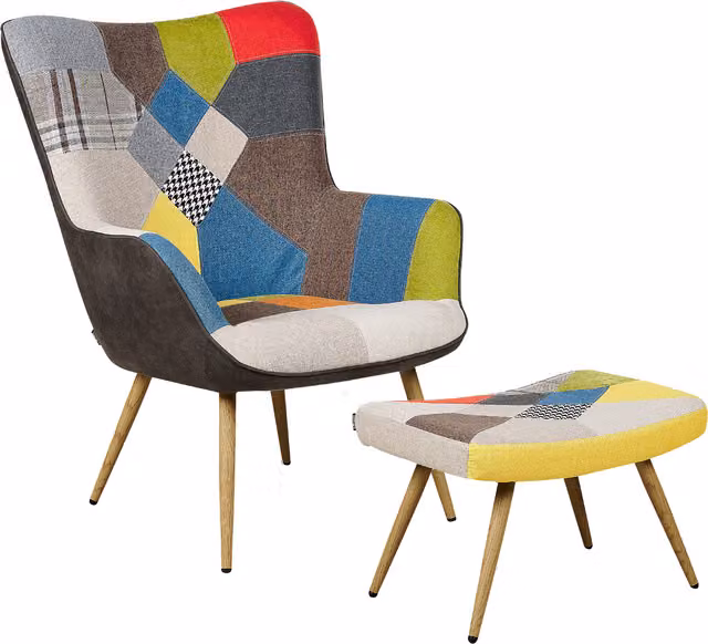 Sillón orejero Beliani Vejle II con reposapiés, tapizado en tela multicolor con patrón patchwork abstracto y estilo retro, An/P/Al: 96 x 73 x 78 cm