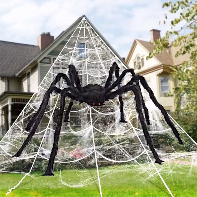 Set de telarañas gigantes para decoración de Halloween con araña de 1,5 m y telaraña elástica de 100 g en color negro