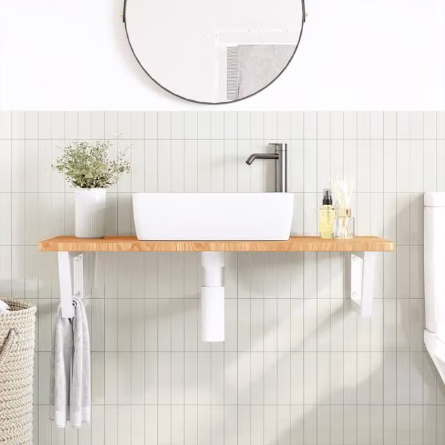 Estante de lavabo de pared SYFAX en madera de roble y metal con acabado lacado en marrón y blanco