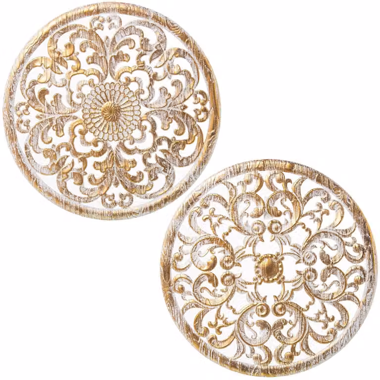 Set de 2 placas decorativas de madera Wadiga con diseño floral y botánico en colores dorado y blanco, An/An/Al: 60 x 60 cm