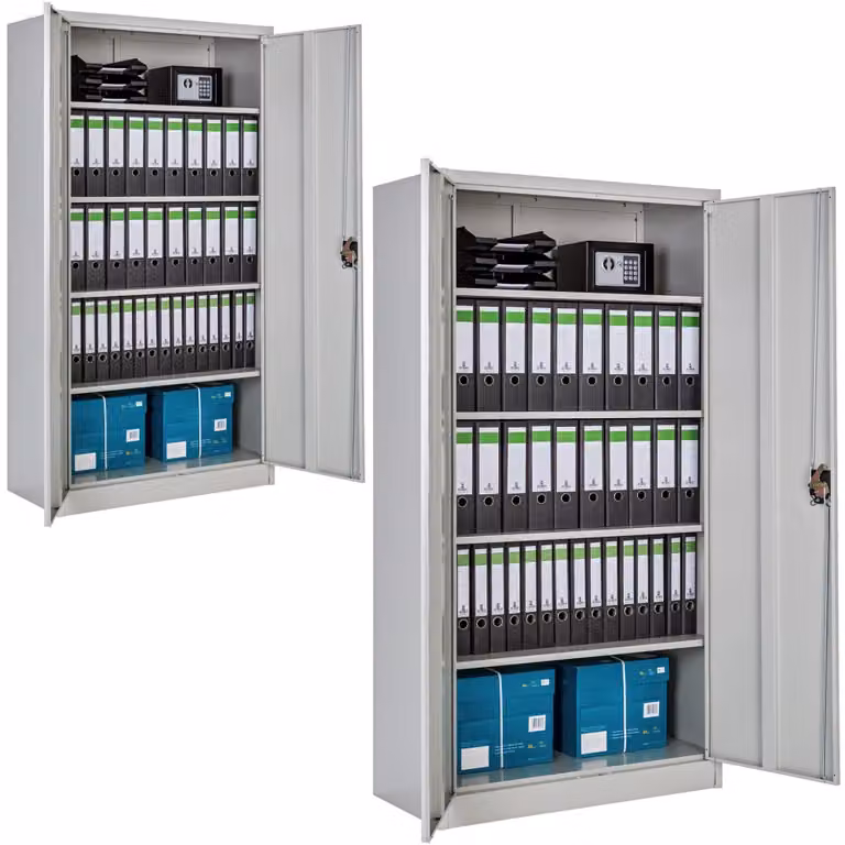 Set de 2 armarios archivadores TecTake de acero con puertas batientes y cerradura, color gris mate, An/P/Al: 180 x 90 x 40 cm