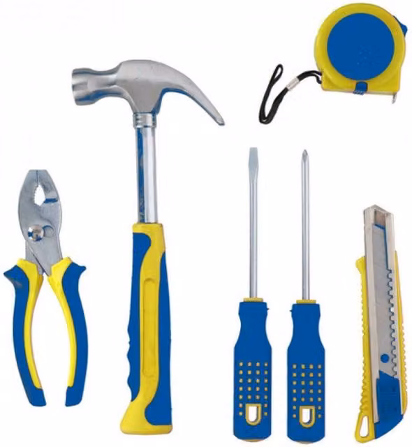 Set de herramientas de bricolaje Trade Shop Traesio de 6 piezas con martillo, alicates y destornilladores en colores azul y amarillo