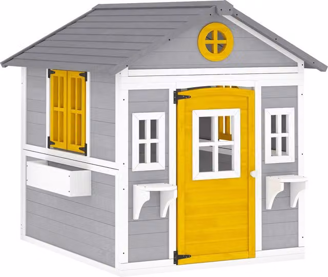 Casita infantil de madera Outsunny para exterior e interior con puerta, ventanas, jardineras y soportes de flores, color gris