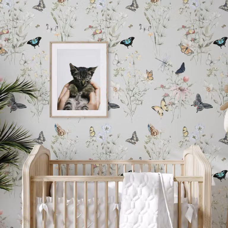 Papel Pintado de Mariposas y Flores de la marca Wallpapers4Beginners en colores Beige y Multicolor, An/Al: 280 x 200 cm, Pack de 8 hojas