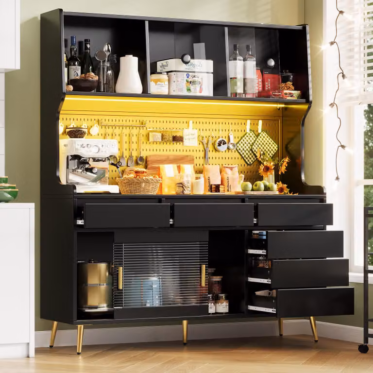 Armario alto STILVORA de estilo industrial con puertas correderas de cristal, iluminación integrada y cajones internos, color negro, An/P/Al: 145 x 39 x 171 cm