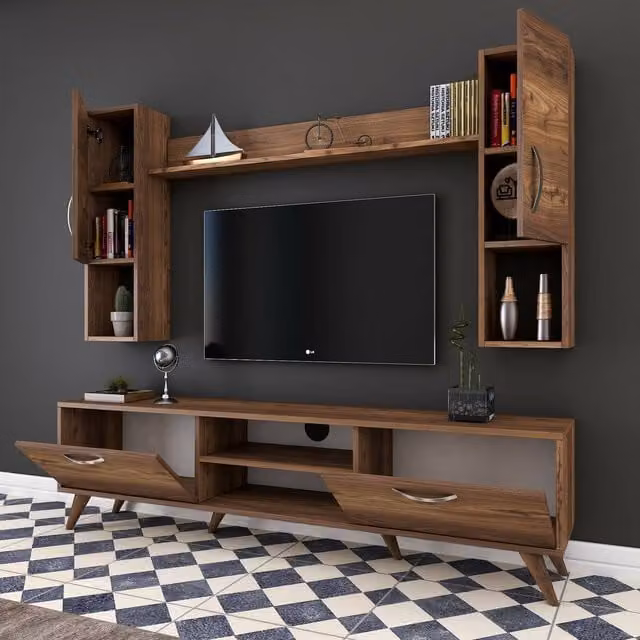 Mueble modular DMORA para salón con 9 estantes y 4 puertas en color nogal