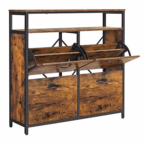 Zapatero VASAGLE de estilo industrial con puertas y estante abierto, capacidad para 12-20 pares, marrón y negro