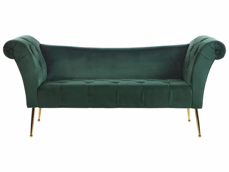 Chaise longue Beliani en terciopelo verde oscuro con diseño en forma de L y estilo glamour para tu salón o dormitorio