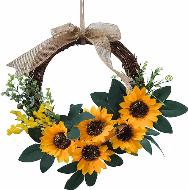 Corona de Girasoles Artificiales Infinite de Ratán y Textil en Colores Amarillo, Verde y Multicolor, Diámetro: 26 cm