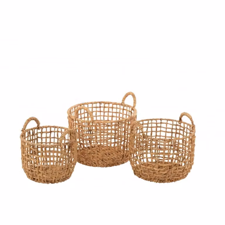 Set de 3 cestas redondas de jacinto de agua con asas de J-line en color beige y marrón, An/P/Al: 44 x 44 x 31 cm