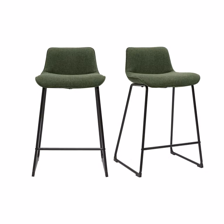 Juego de 2 taburetes de bar modernos BOOST de tela verde y metal negro, Altura: 65 cm