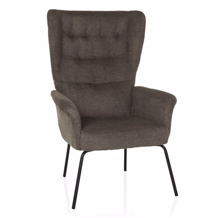 Sillón de estilo escandinavo hjh LIVING tapizado en tela boucle gris con estructura de metal y diseño wingback para salón u oficina