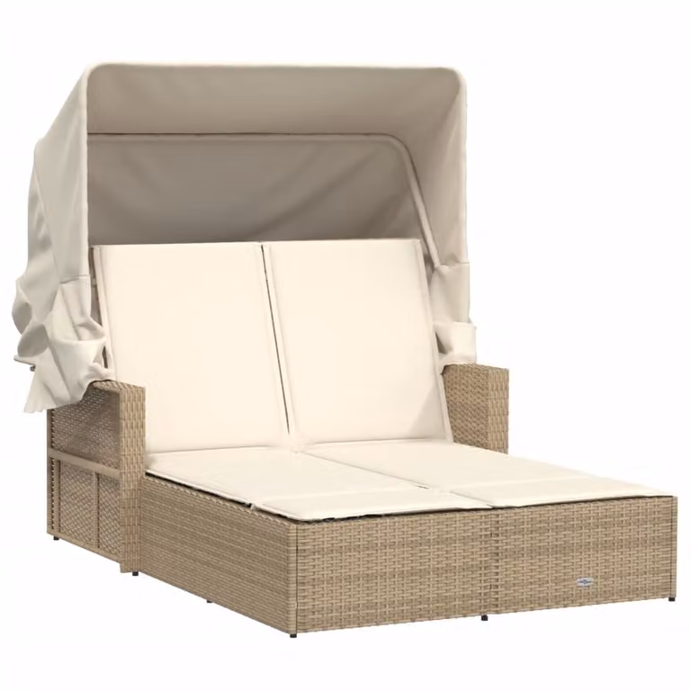 Tumbona doble Syfax de ratán sintético con capota y cojines en color beige y blanco