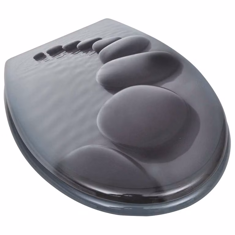 Set de 2 asientos de inodoro con tapa vidaXL en MDF color gris con cierre suave y detalles de piedra, madera y zinc con herrajes de cromo