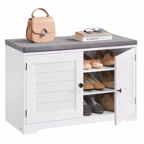 VASAGLE Banco zapatero con cojín y puertas, blanco y gris, An: 81 cm, P: 35,5 cm, Al: 52,5 cm